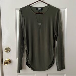 NWT DKNY Olive Green Mesh Long Sleeve Top
